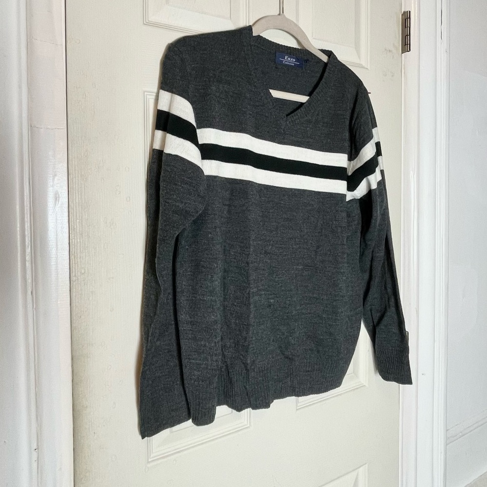 Enzo Collection L striped mens sweater grey euc
